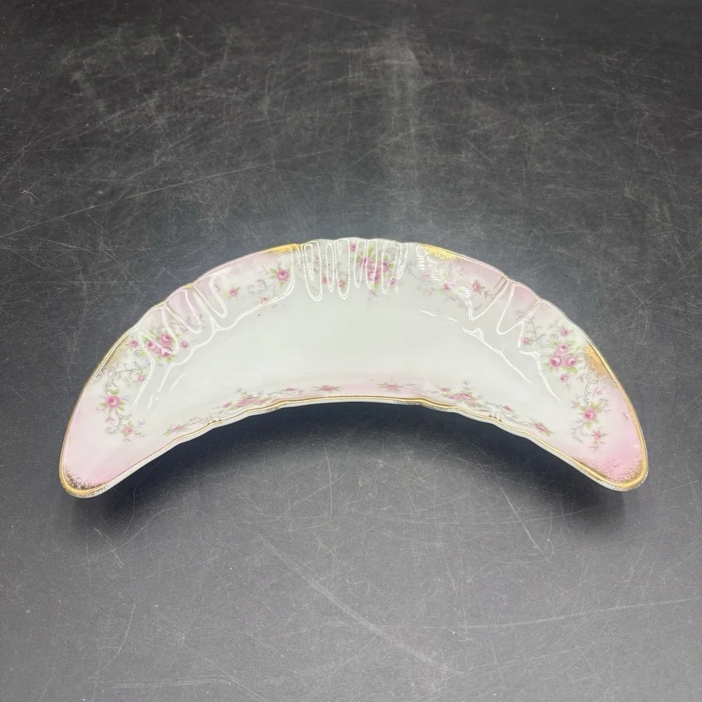 Lefton China Trinket Dish Dainty Pink Rose, Gold Trim Crescent‎ Shape